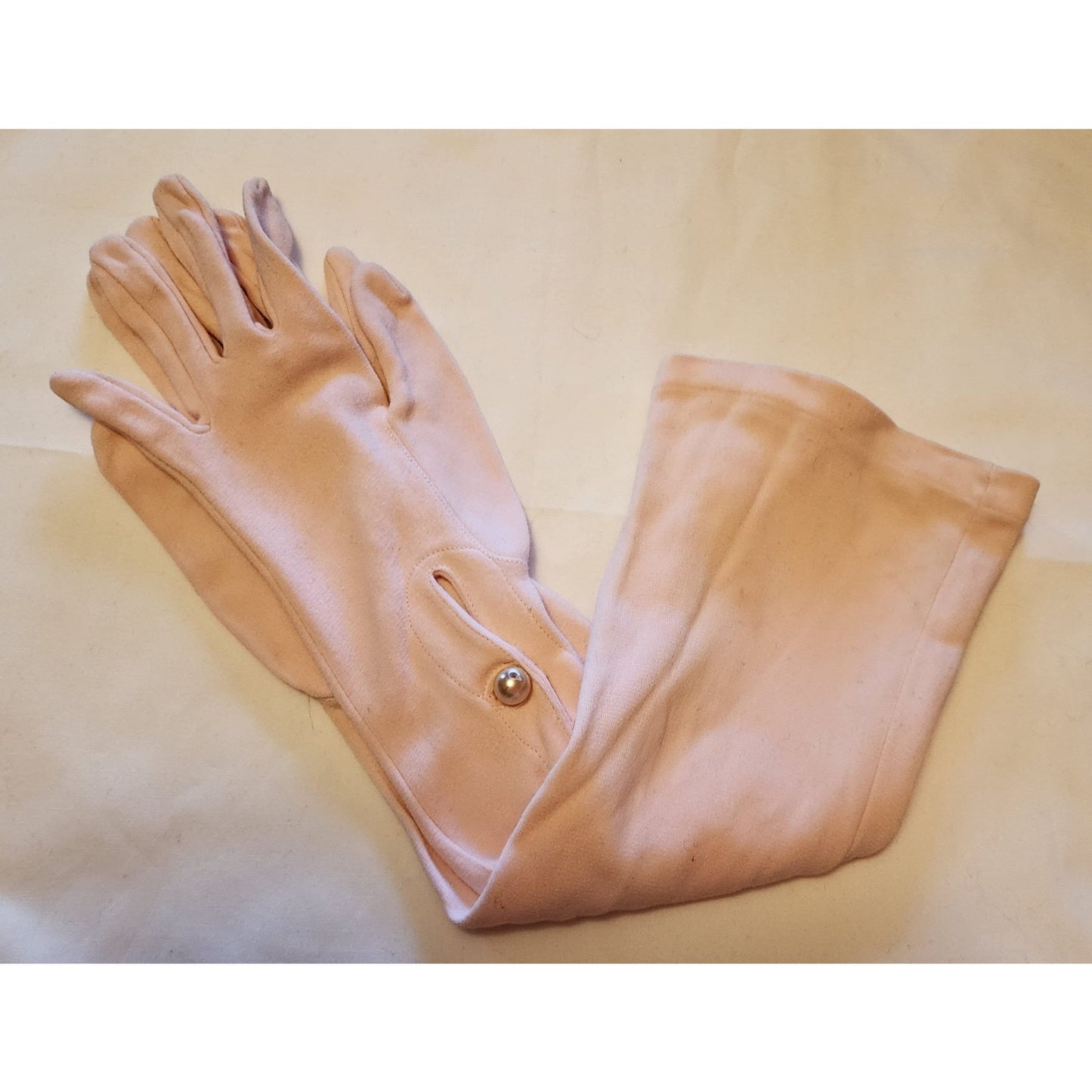 Vintage Pink Gloves 1950s Long Light Pink Nylon Fabric Elbow Gloves Pearl Buttons Van Raalte Mid Century 6