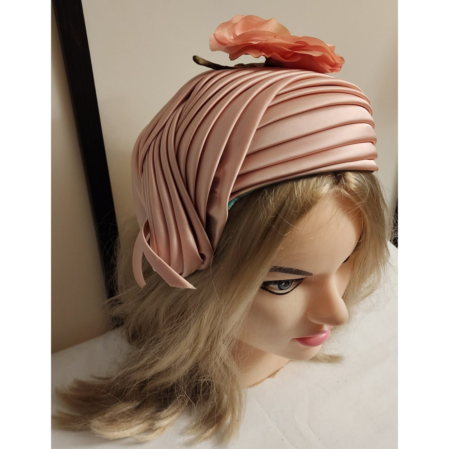 Vintage Satin Hat 1950s Peach Pleated Satin Asymmetric Half Hat Large Flower Floral Half Hat Mid Century Art Deco 20.5 21 in.