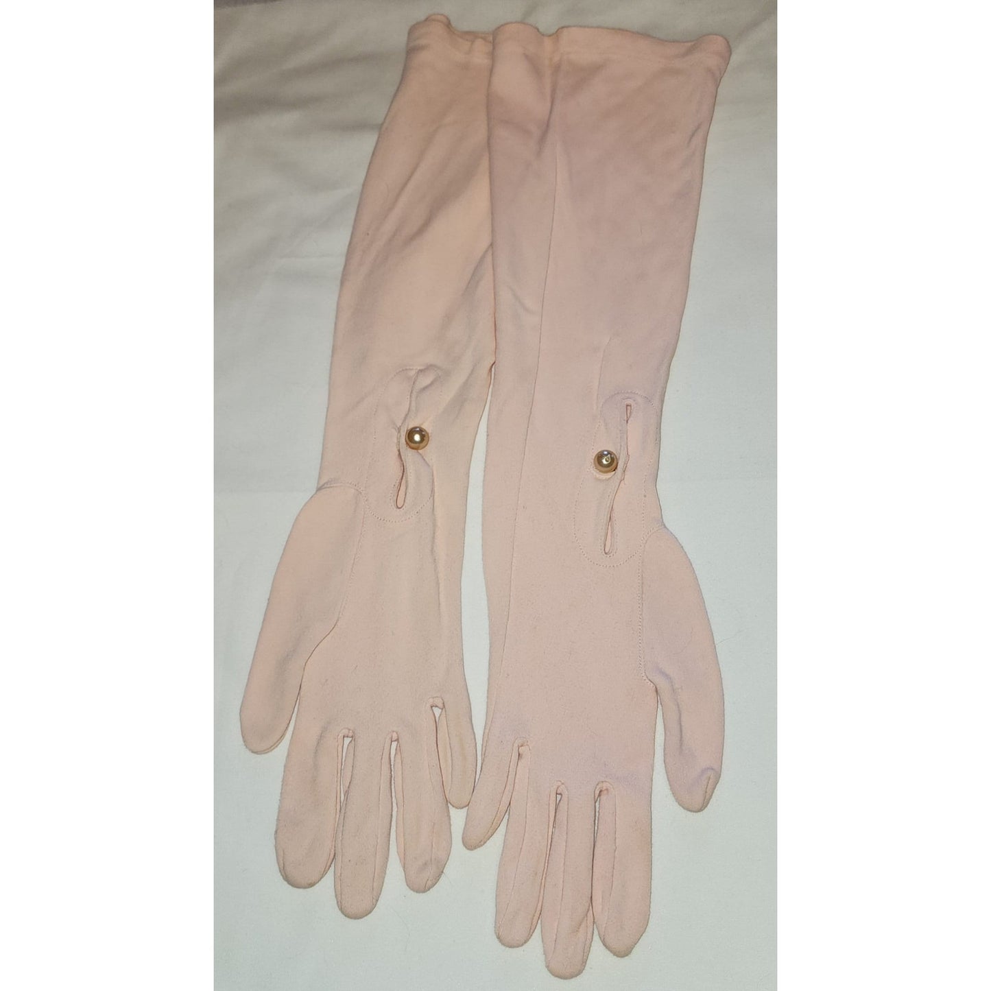 Vintage Pink Gloves 1950s Long Light Pink Nylon Fabric Elbow Gloves Pearl Buttons Van Raalte Mid Century 6