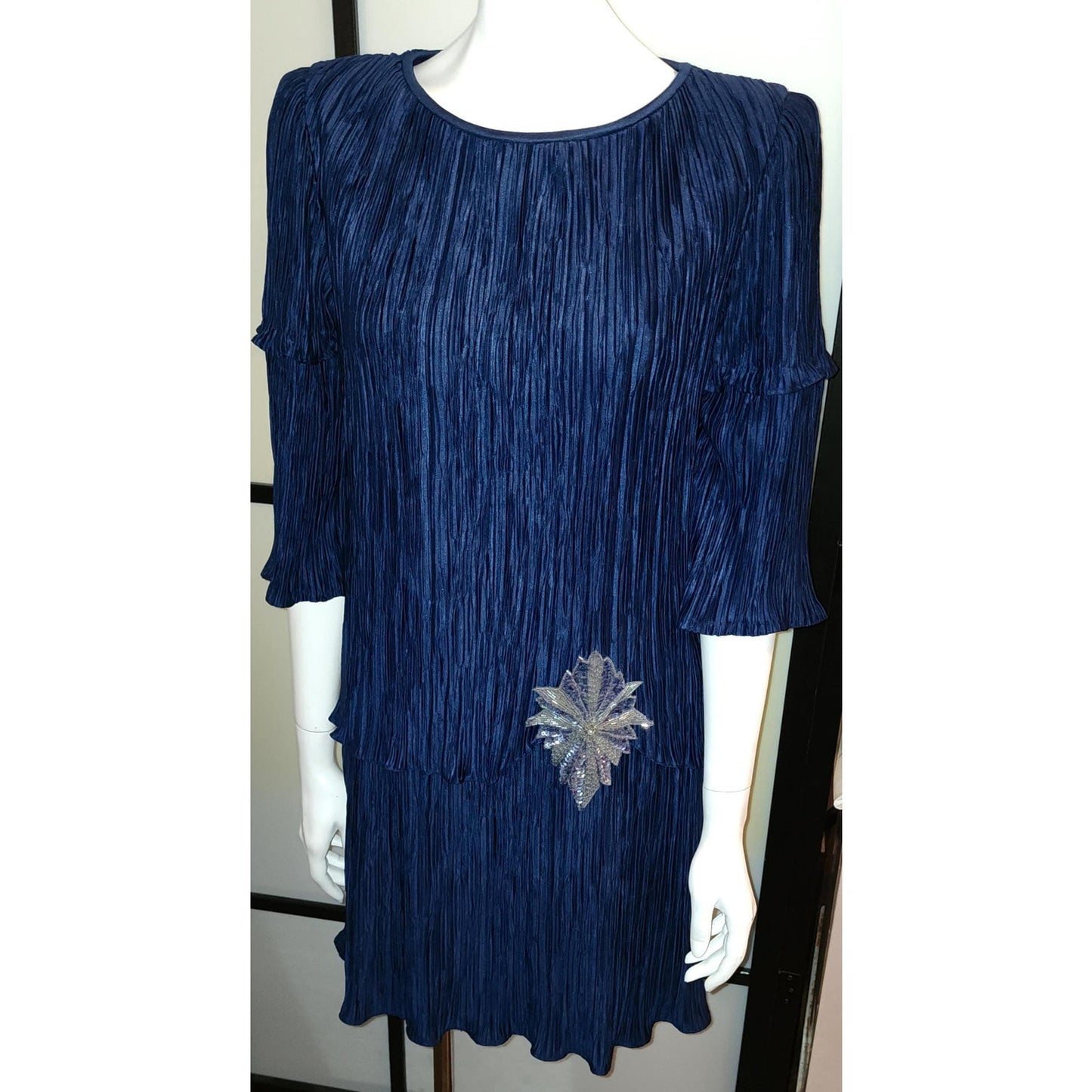 Vintage Evening Dress 1980s Dark Blue Micro Pleat Tiered Flapper Style Cocktail Dress Huge Beaded Ornament After Dark M