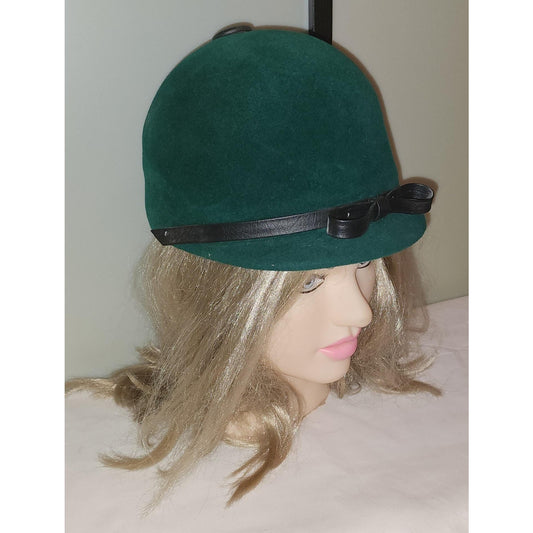 Vintage 1960s Hat Dark Green Rounded Felt Equestrian Style Hat Top Button Mid Century Mod 21 in.