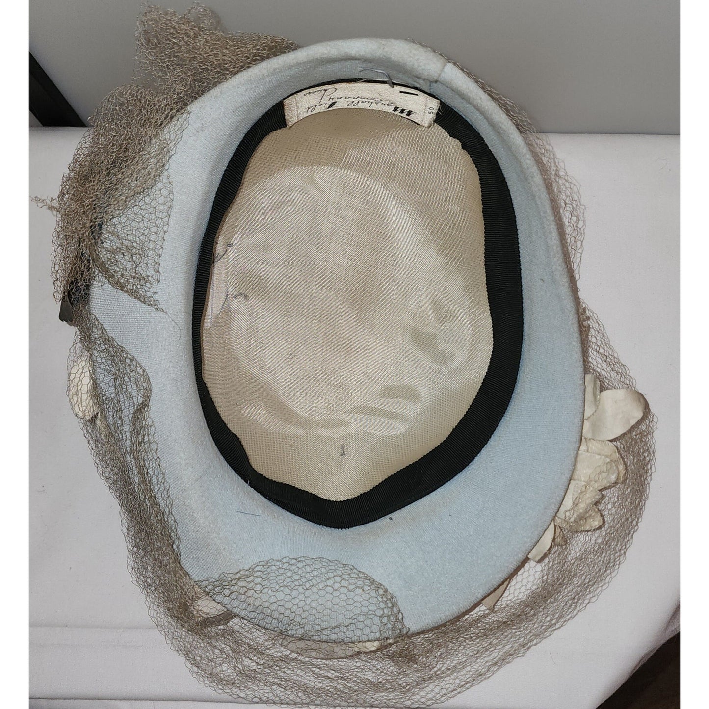 Vintage Floral Hat Light Blue 1930s 40s 50s Floral Hat White Flowers Net Veil Art Deco Mid Century 20.5 21 in.