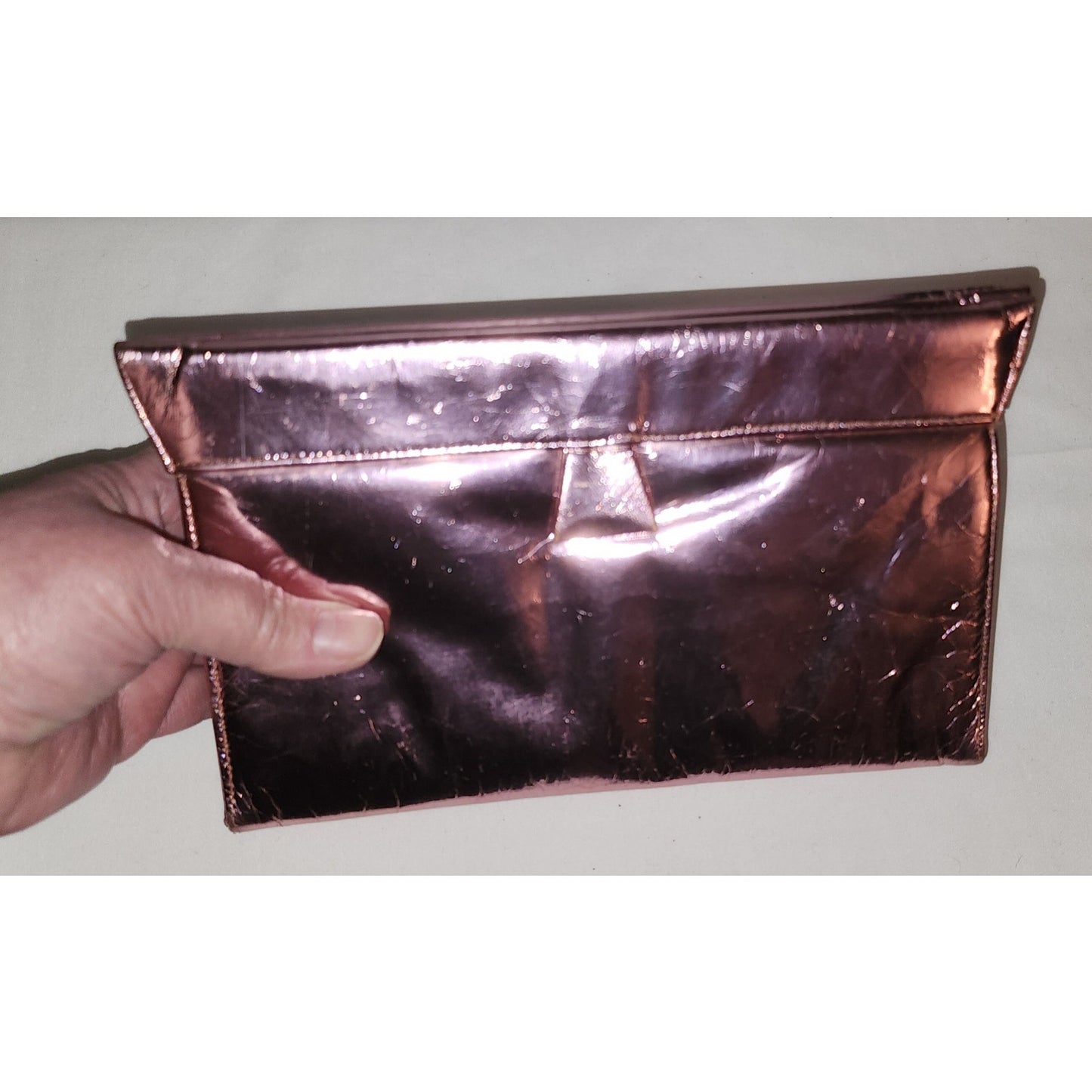 Vintage Pink Purse 1950s 60s Pink Metallic Chrome Leather Vinyl Snap Clutch Purse Duette by Maycraft of California Mid Century