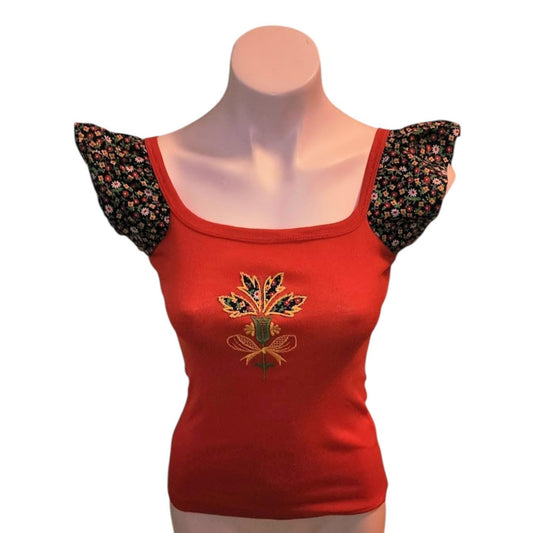 Vintage 70s Top Red Embroidered Flutter Sleeve Pullover Top Hippie Boho S