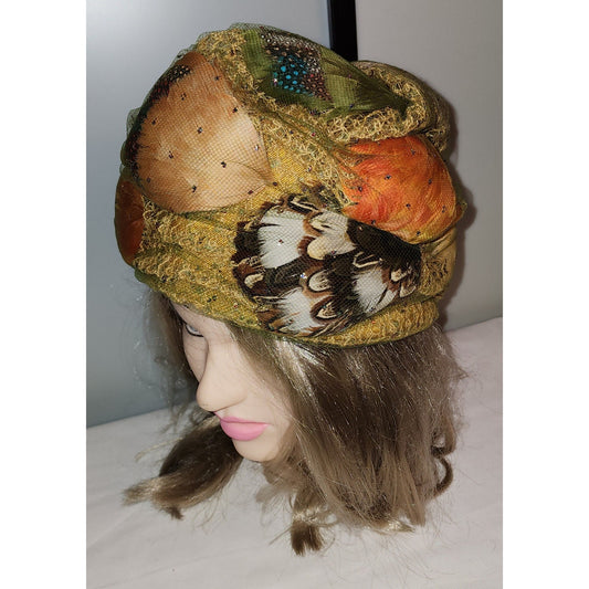 Vintage Bubble Hat 1960s Tall Yellow Green Orange Tulle Net Glitter Feather Turban Hat Coralie Mid Century Mod 22 in.