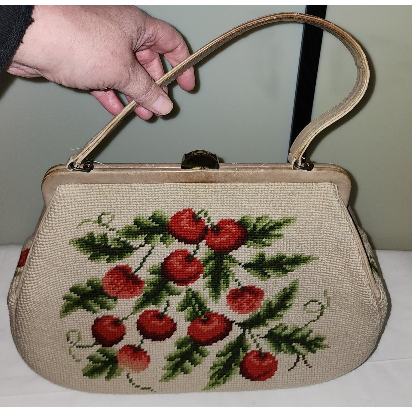 Vintage Cherry Purse Large 1950s Beige Wool Embroidered Bag Red Cherries Green Leaves Mid Century Rockabilly