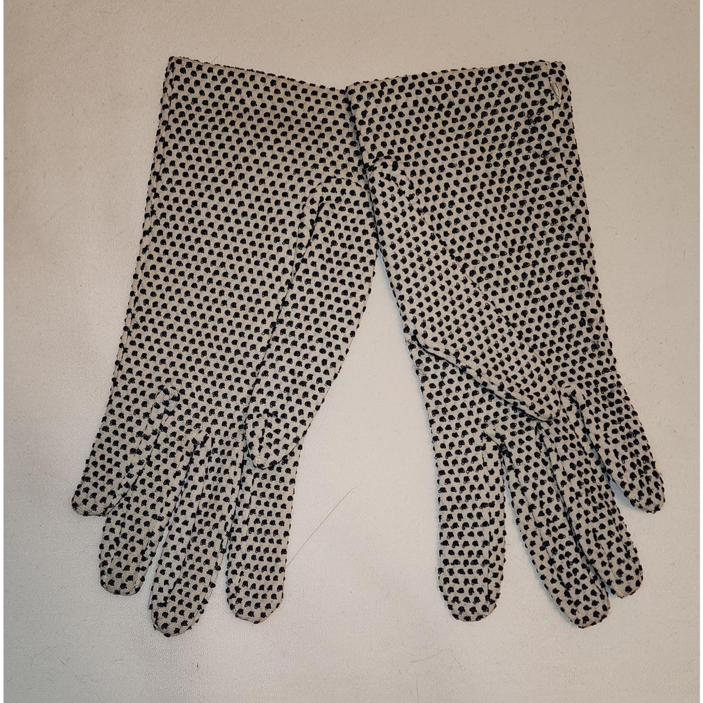 Vintage Polkadot Gloves 1960s Black and White Stretch Nylon Textured Tiny Polka Dot Wrist Gloves Mid Century Mod One Size