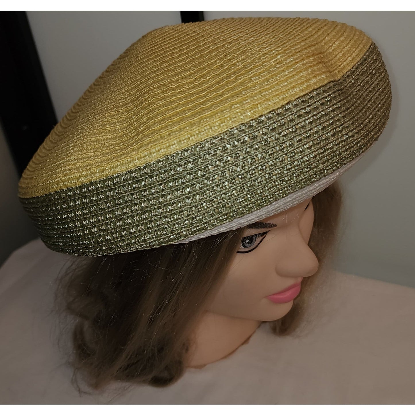 Vintage 1960s Hat Large Straw Beret Pouf Style Green Yellow White Hat Velvet Trim Mid Century Mod 21.5 inches