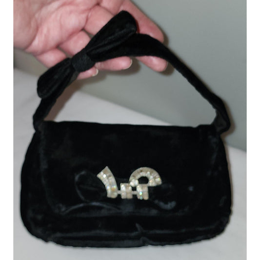 Vintage 1930s Purse Black Velvet Art Deco Purse Large Rhinestone Ornament Unique Bow Handle