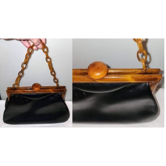 Vintage 1940s Purse Black Vinyl Purse Butterscotch Celluloid Lucite Chain Handle Button Clasp Art Deco Mid Century