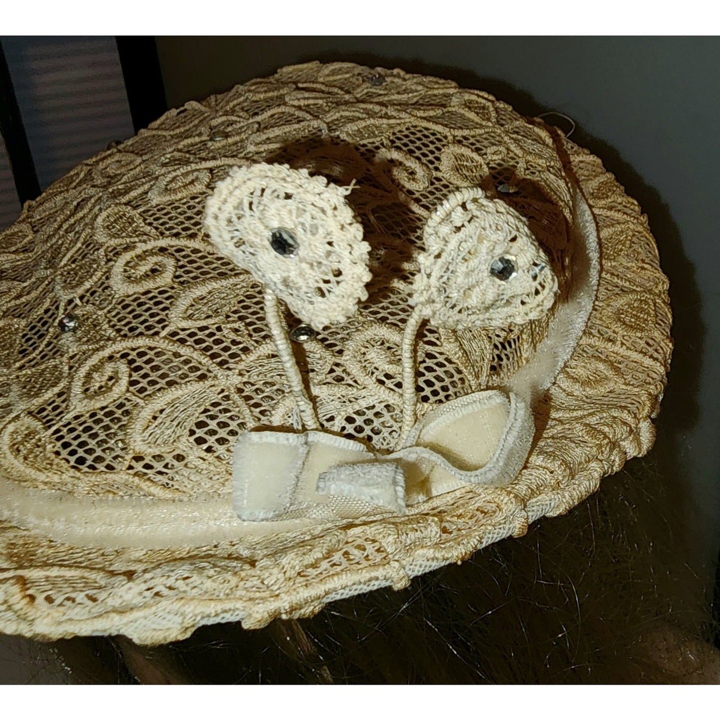 Vintage 1950s Hat Small Round Beige Lace Rhinestone Half Hat Clamp Hat Perch Hat Clover Lane Mid Century Wedding Bridal