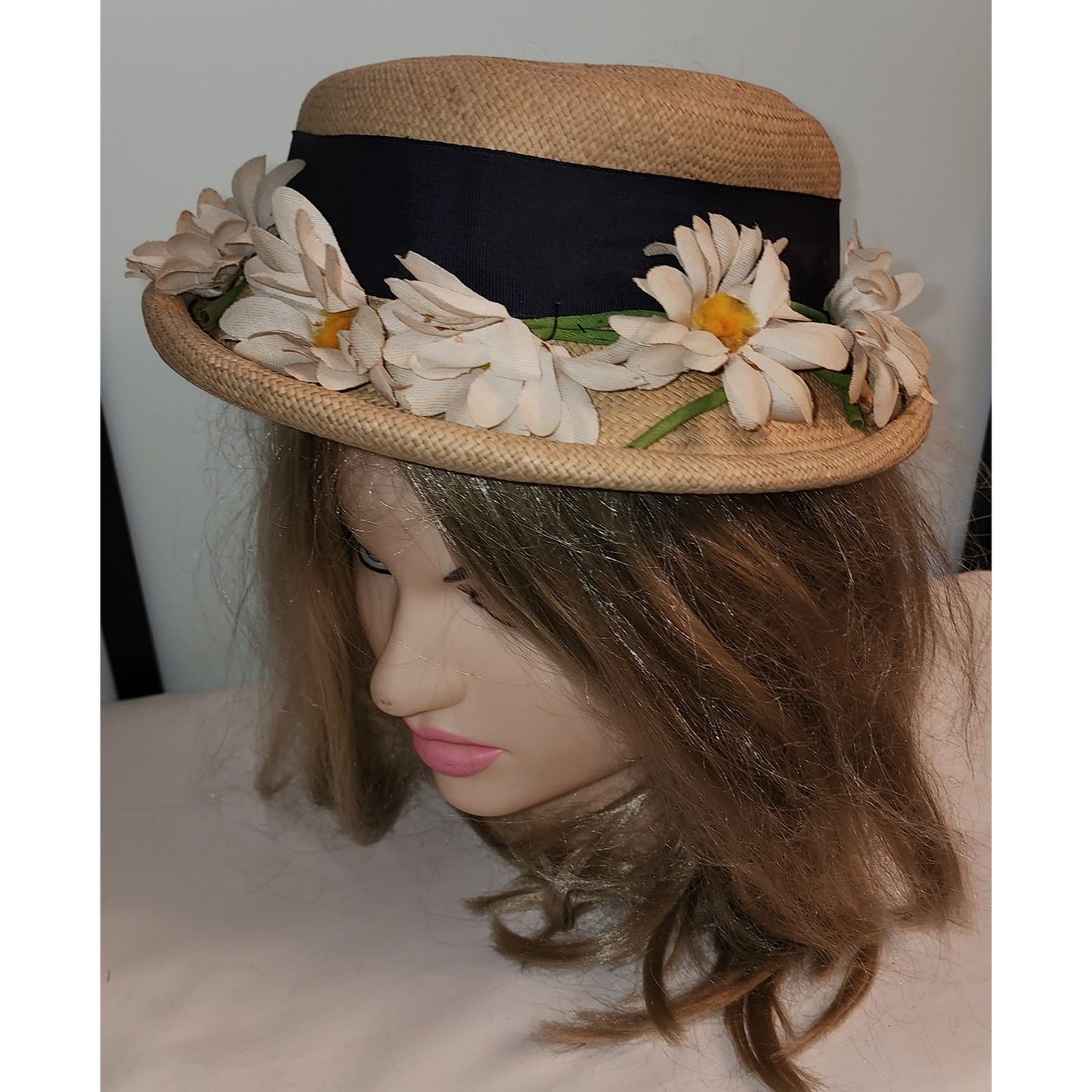 Vintage 1930s Hat Natural Straw Open Crown Hat Rolled Brim Lg Daisies Ribbon Daisy Hat Art Deco 20.5 in.