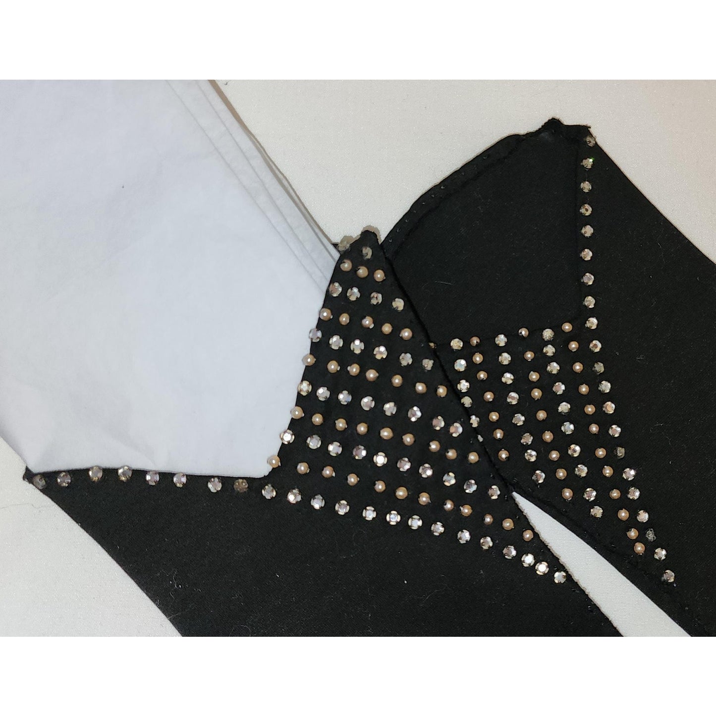 Vintage Rhinestone Pearl Gloves 1950s Black Midlength Gloves Geometric Pattern Prong Set Rhinestones Pearls Elvette Mid Century 6 1/2