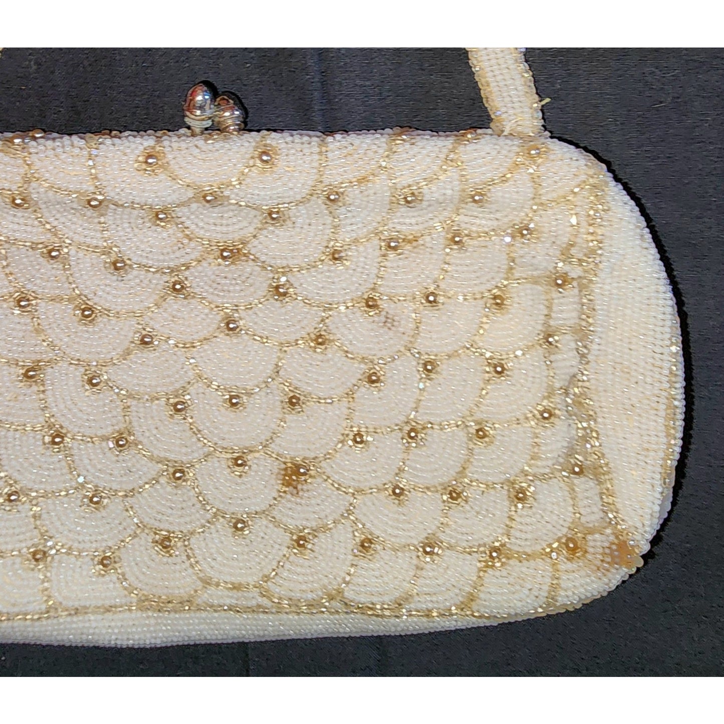 Vintage Beaded Purse 1940s 50s White Cream Glass Bead Top Handle Purse Faux Pearls Satin Lining Mid Century Wedding Bridal Small Mark