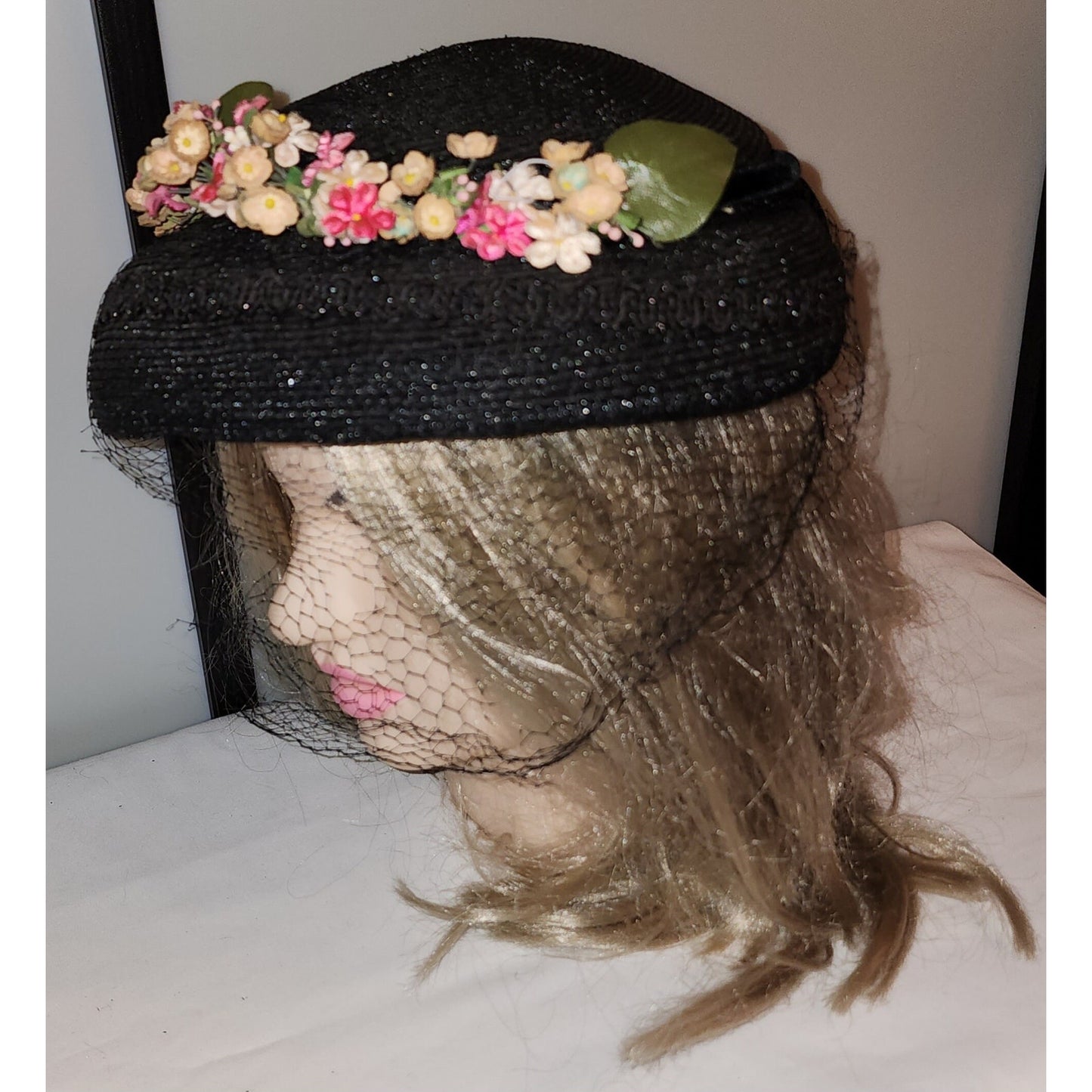 Vintage Floral Hat 1930s 40s Round Black Straw Hat Pink Red White Flowers Net Veil Velvet Bow Mid Century Art Deco 22.5 in.