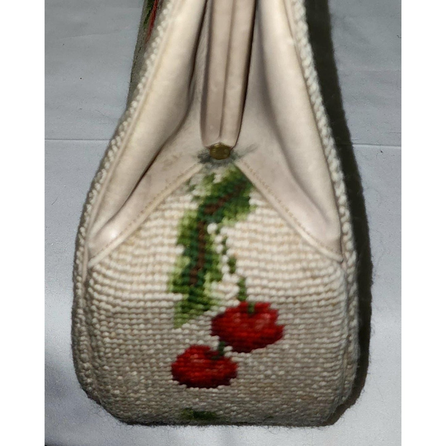 Vintage Cherry Purse Large 1950s Beige Wool Embroidered Bag Red Cherries Green Leaves Mid Century Rockabilly