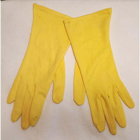 Vintage Yellow Gloves 1960s Bright Canary Yellow Midlength Stretch Nylon Gloves Mid Century 6 6.5 7 surface dirt