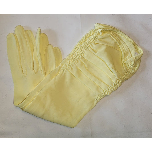 Unworn Vintage Gloves 1950s Long Bright Yellow Ruched Nylon Elbow Gloves Mid Century 6 1/2