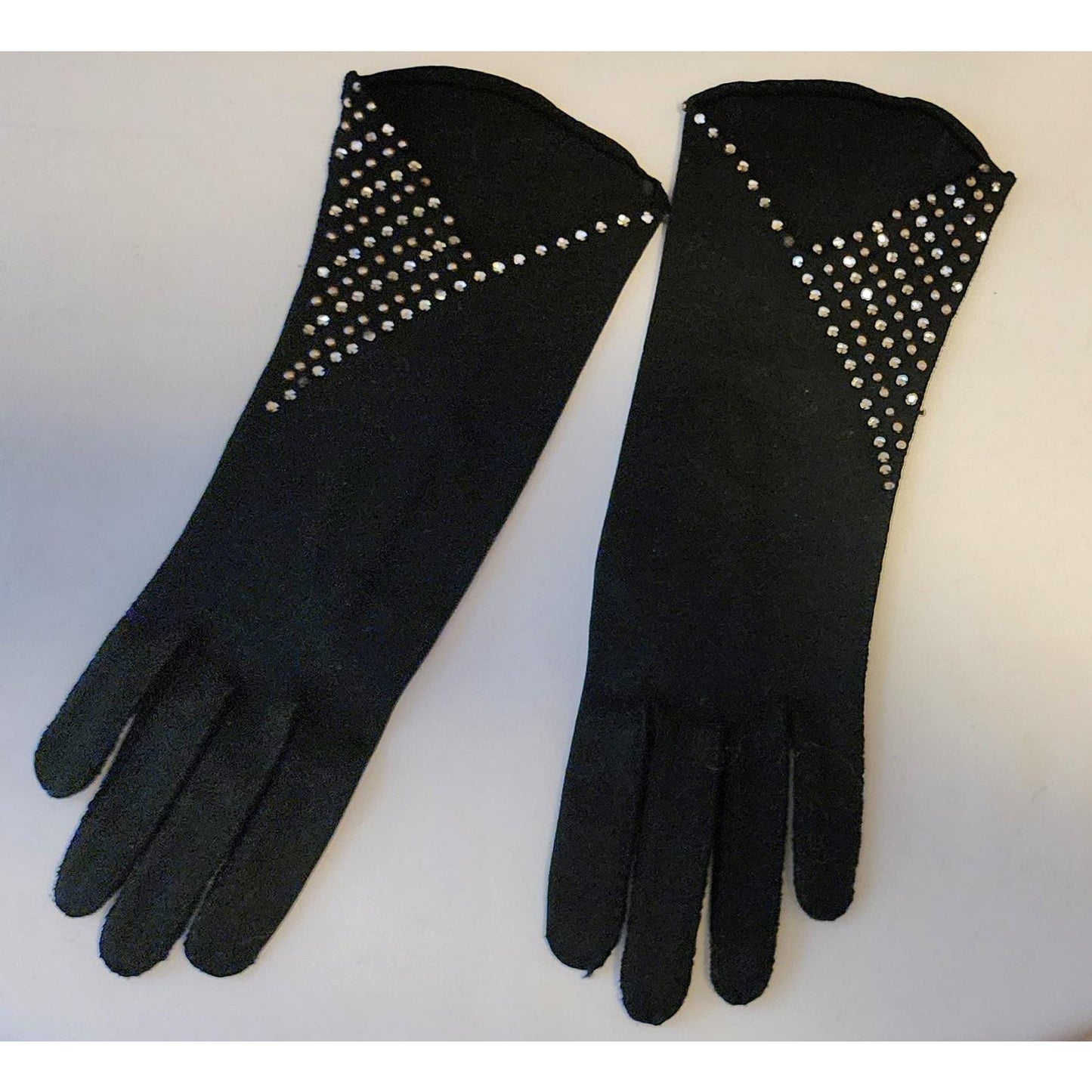 Vintage Rhinestone Pearl Gloves 1950s Black Midlength Gloves Geometric Pattern Prong Set Rhinestones Pearls Elvette Mid Century 6 1/2