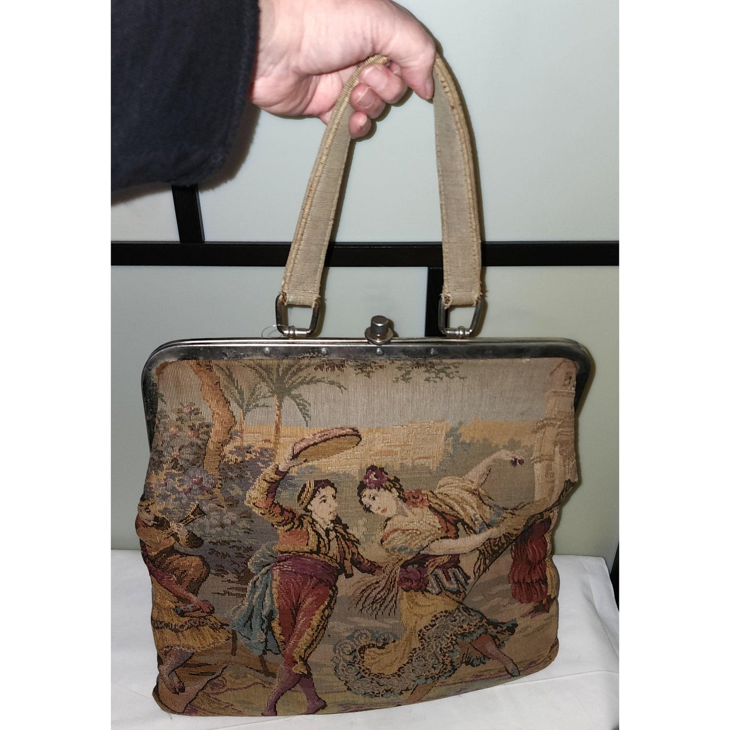 Vintage Tapestry Purse Large 1960s Medieval Renaissance Scene Bag Mid Century Boho