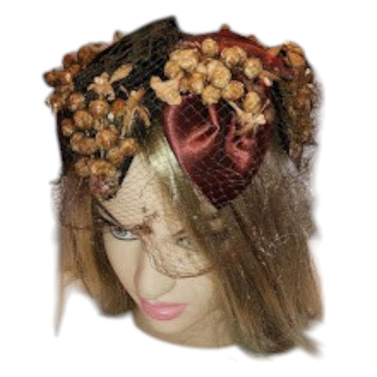 Vintage Floral Hat 1950s Burgundy Brown Floral Berry Satin Ribbon Velvet Wire Crown Hat Net Veil Mid Century Rockabilly 20.5 21 in.