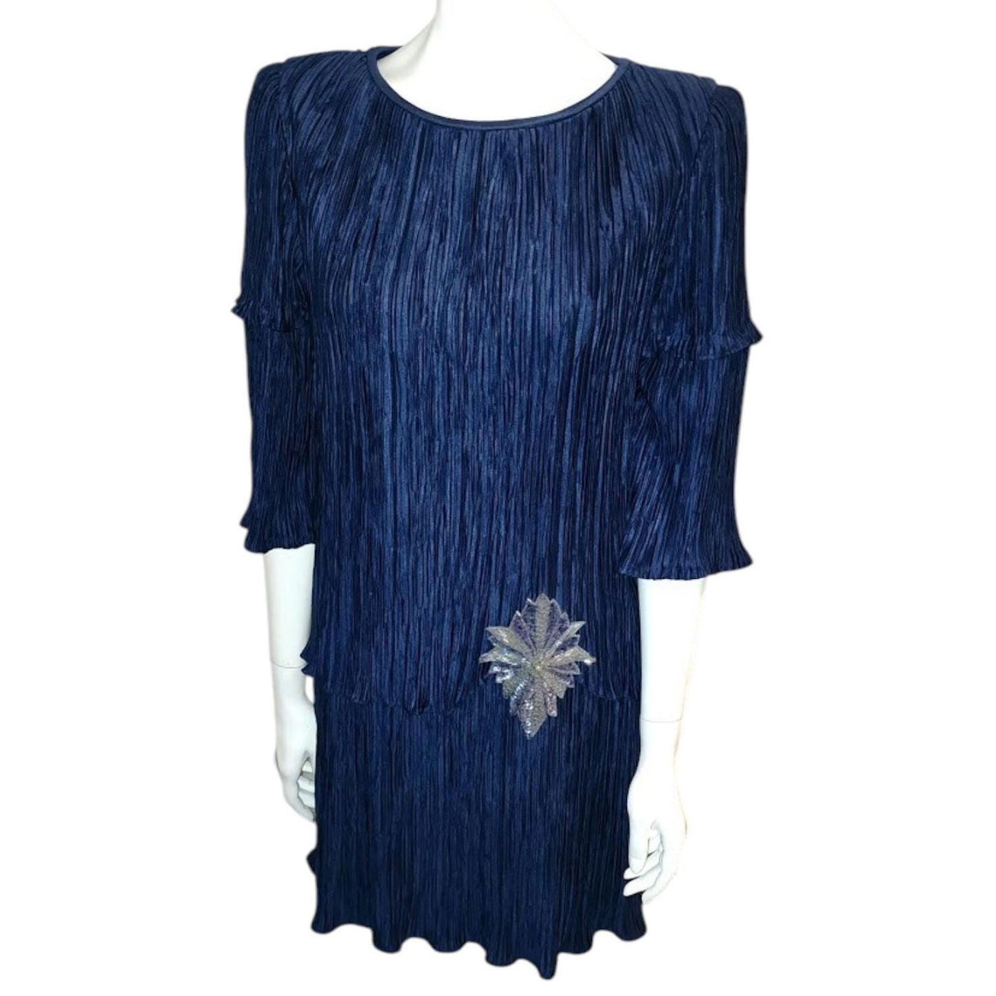 Vintage Evening Dress 1980s Dark Blue Micro Pleat Tiered Flapper Style Cocktail Dress Huge Beaded Ornament After Dark M