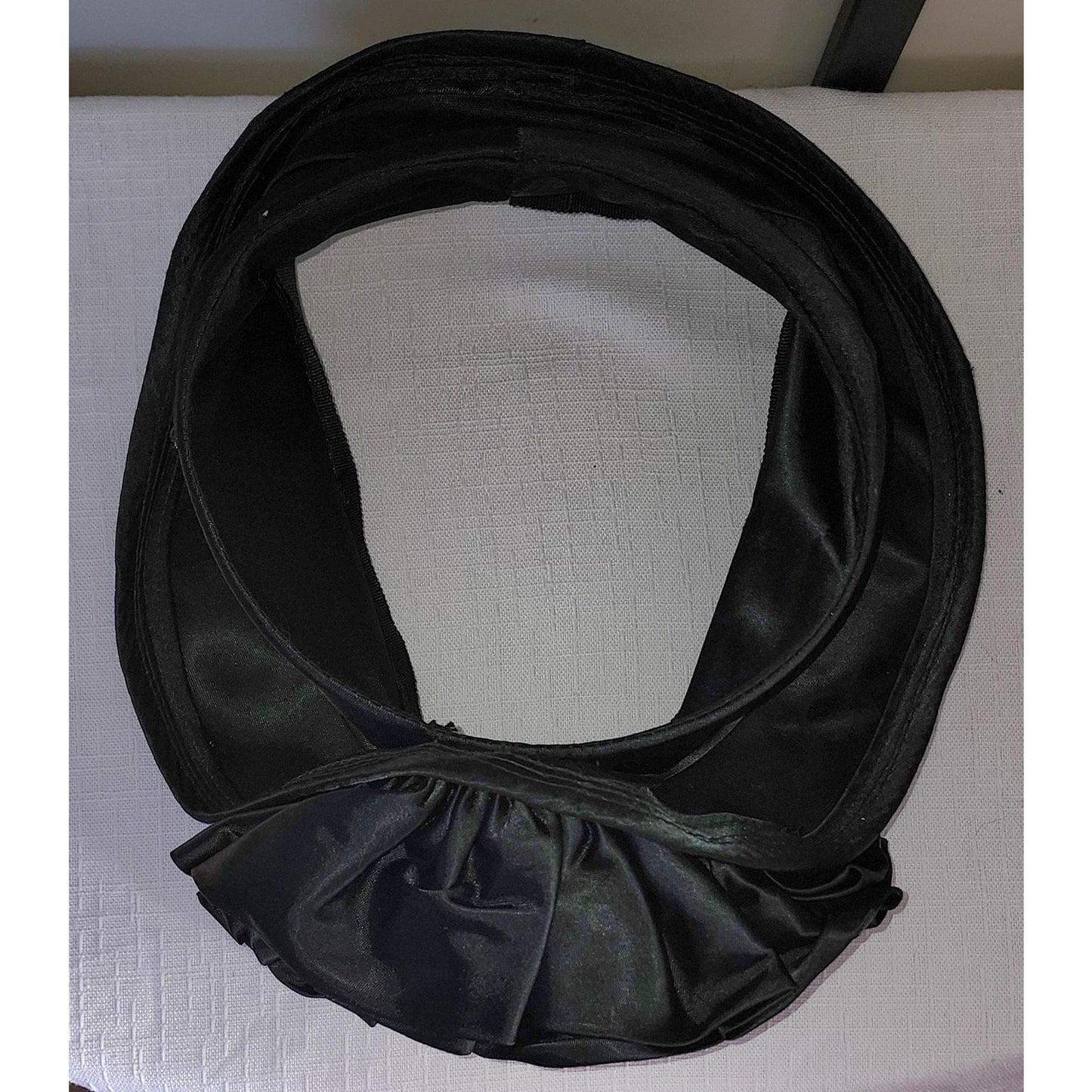 Vintage Open Hat 1930s Black Satin Open Crown Ring Hat Huge Front Rosette Art Deco 21 in.