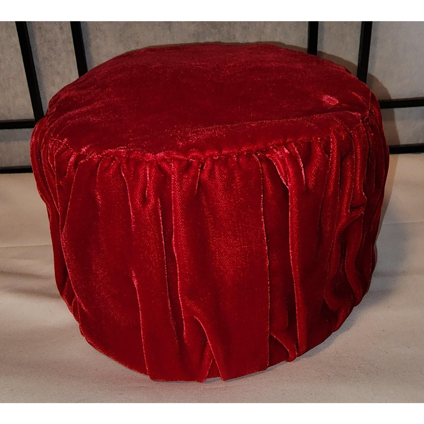 Vintage Pillbox Hat 1950s 60s Bright Red Pleated Velvet Tall Round Pillbox Hat Mid Century Handmade 21 in.