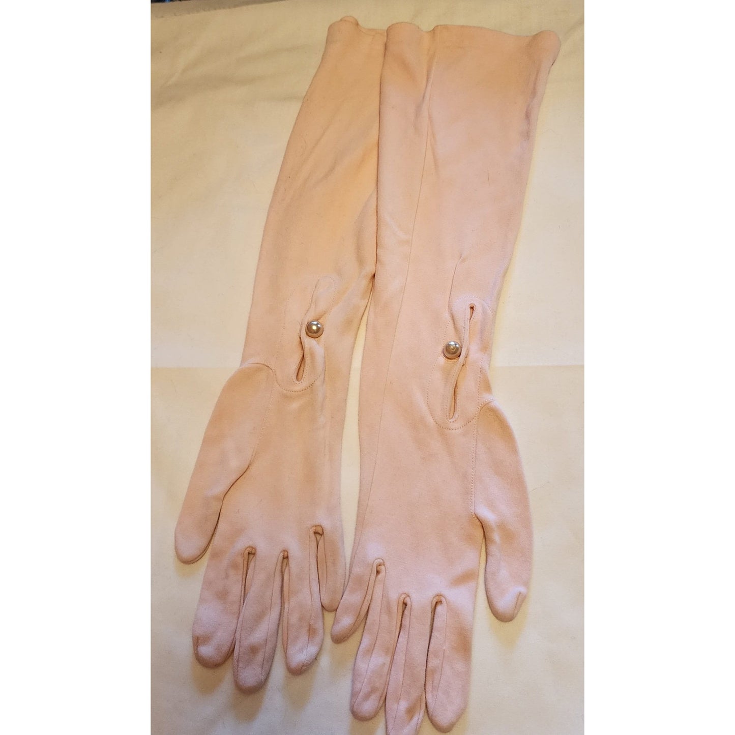 Vintage Pink Gloves 1950s Long Light Pink Nylon Fabric Elbow Gloves Pearl Buttons Van Raalte Mid Century 6