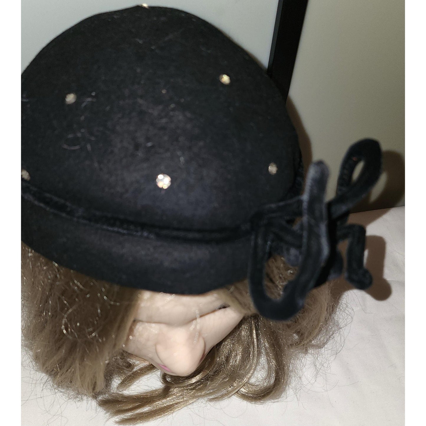 Vintage 1930s Hat Round Black Felt Cocktail Hat Prong Set Rhinestones Black Velvet Ribbon Ornament Art Deco 20.5 in.
