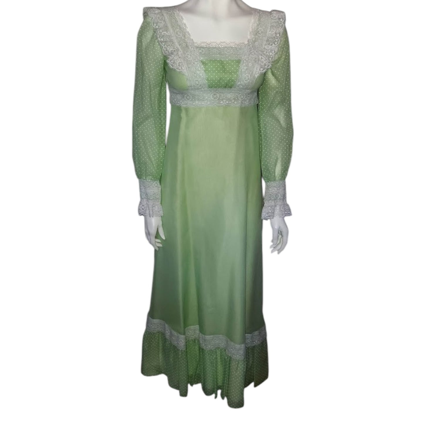 Vintage 1970s Dress Long Light Green Swiss Dot White Lace Gown Maxidress Prom Wedding Party Boho XS