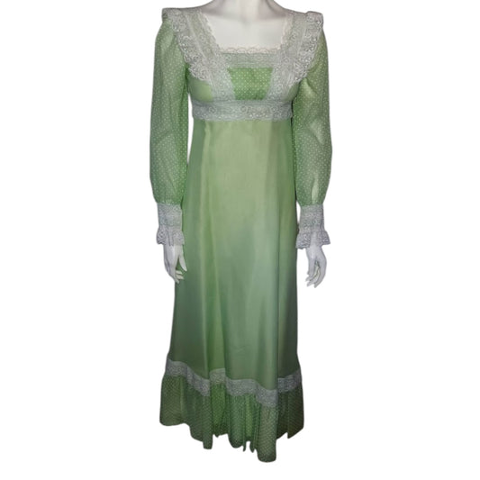Vintage 1970s Dress Long Light Green Swiss Dot White Lace Gown Maxidress Prom Wedding Party Boho XS