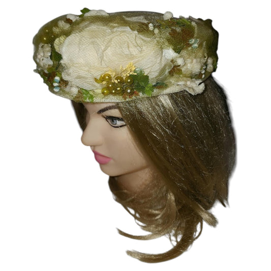 Vintage Floral Hat 1950s 60s Large Round Yellow Green Cream Floral Net Hat Round Bubble Ornaments Mid Century Garden Party 20 in.
