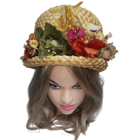 Vintage Floral Hat Large 1950s 60s Yellow Straw Bubble Hat Multicolor Floral Trim Coronet Mid Century Garden Party Rockabilly 21 in.
