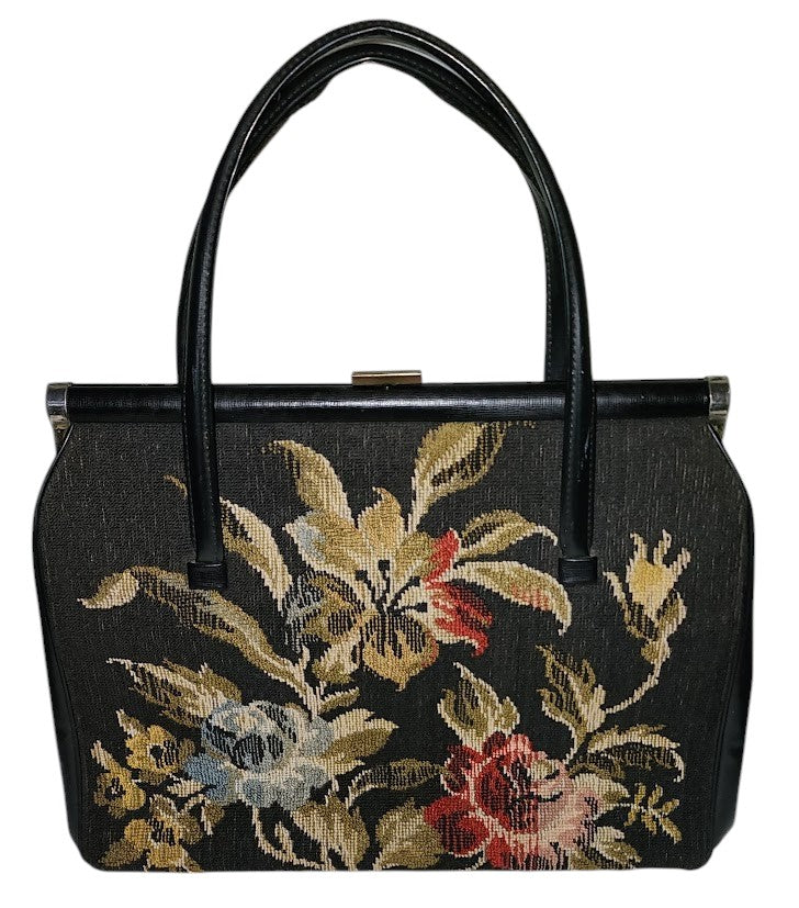 Vintage Tapestry Purse 1950s 60s Large Black Floral Tapestry Bag Leather Vinyl Trim Mid Century Boho dirty lining