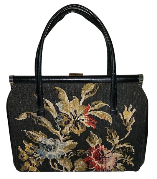 Vintage Tapestry Purse 1950s 60s Large Black Floral Tapestry Bag Leather Vinyl Trim Mid Century Boho dirty lining