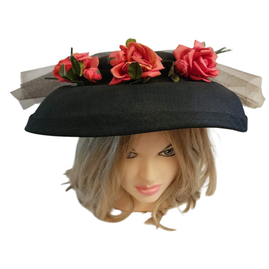 Vintage Floral Hat 1940s 50s Large Round Black Fine Straw Saucer Platter Hat Large Red Roses Mid Century 19.5 in.