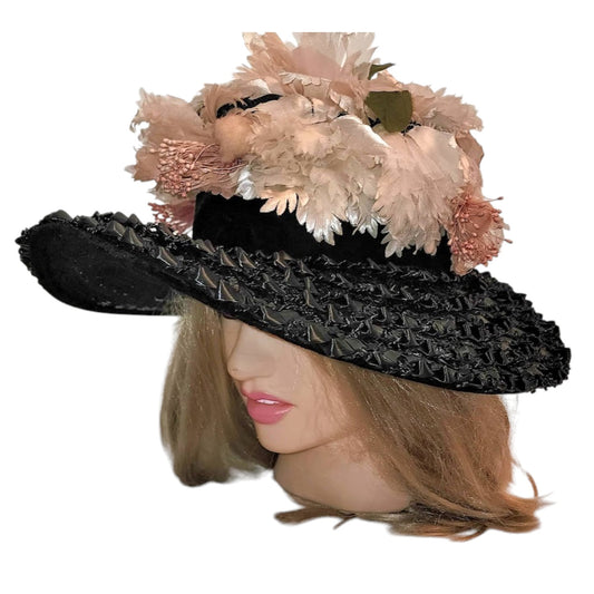 Vintage Platter Hat 1950s Large Black Straw Sun Hat Pink White Flowers Floral Mid Century 20.5 inches
