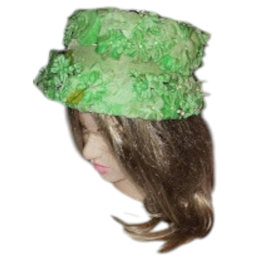 Vintage Floral Hat Large 1950s 60 Green Floral Hat Pearls Garden Party Mid Century 21 in.