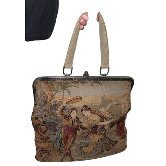 Vintage Tapestry Purse Large 1960s Medieval Renaissance Scene Bag Mid Century Boho