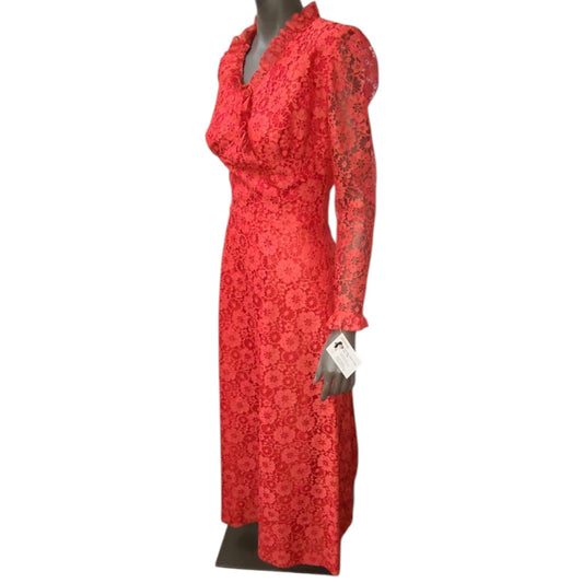 Vintage Lace Dress Long 1960s Red Floral Pattern Lace Dress Sheer Lace Sleeves Stunning Boho Holiday S M
