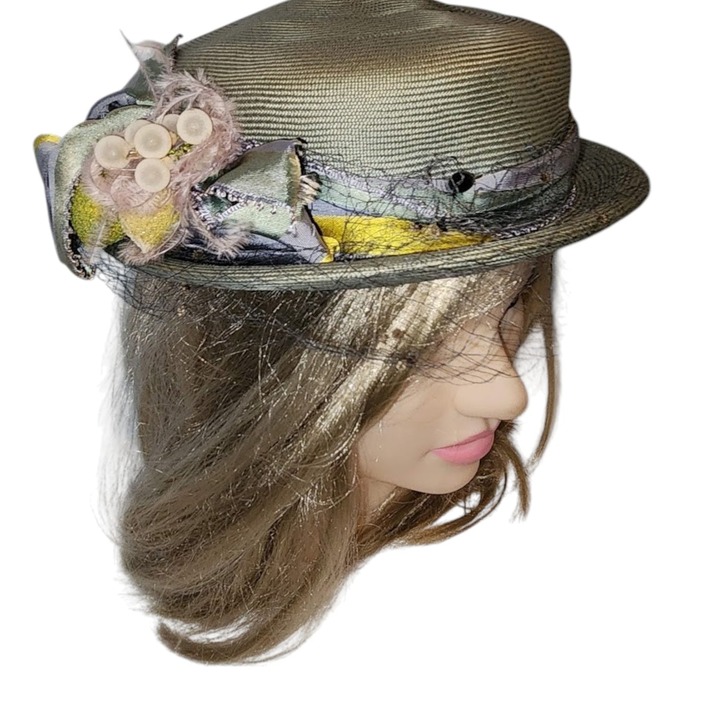 Vintage 1950s Hat Light Blue Straw Floral Hat Purple Yellow Ribbon Small Lemon Lime Berry Ornaments Fruit Hat Mid Century 21 in.