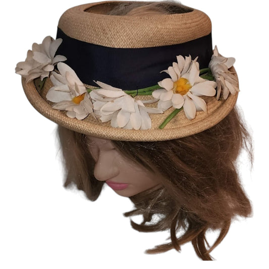 Vintage 1930s Hat Natural Straw Open Crown Hat Rolled Brim Lg Daisies Ribbon Daisy Hat Art Deco 20.5 in.