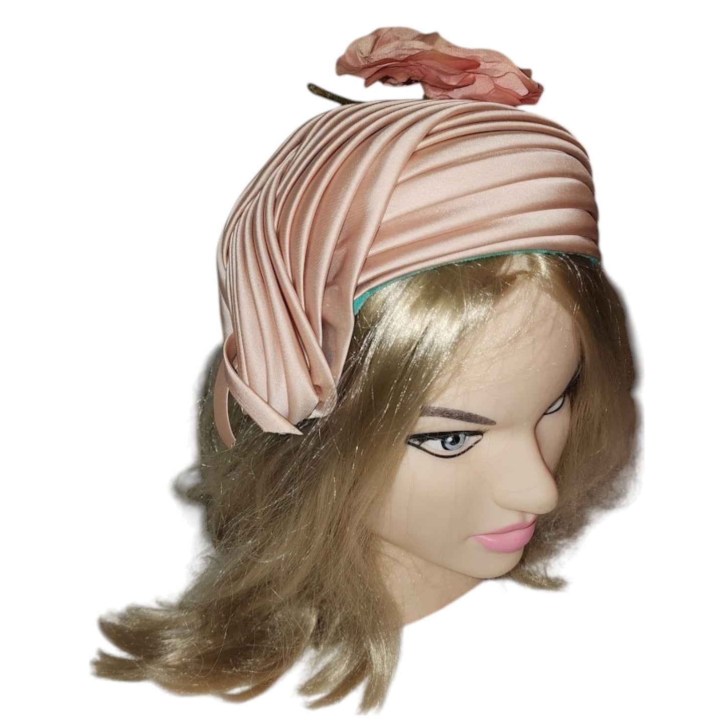 Vintage Satin Hat 1950s Peach Pleated Satin Asymmetric Half Hat Large Flower Floral Half Hat Mid Century Art Deco 20.5 21 in.