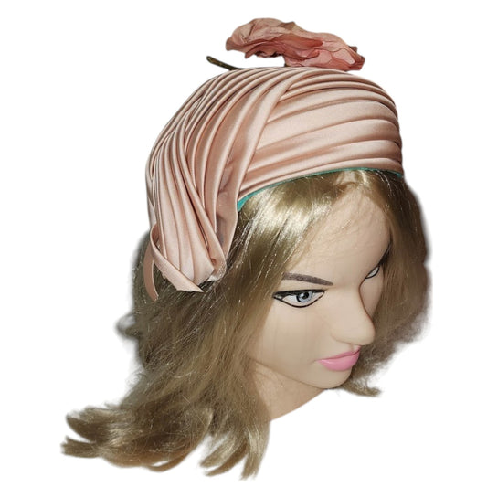 Vintage Satin Hat 1950s Peach Pleated Satin Asymmetric Half Hat Large Flower Floral Half Hat Mid Century Art Deco 20.5 21 in.