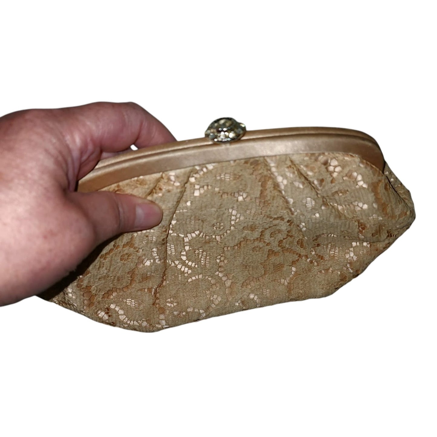 Vintage 1950s Clutch Small Pink Beige Lace Purse Rhinestone Clasp Mid Century Rockabilly Wedding Bridal