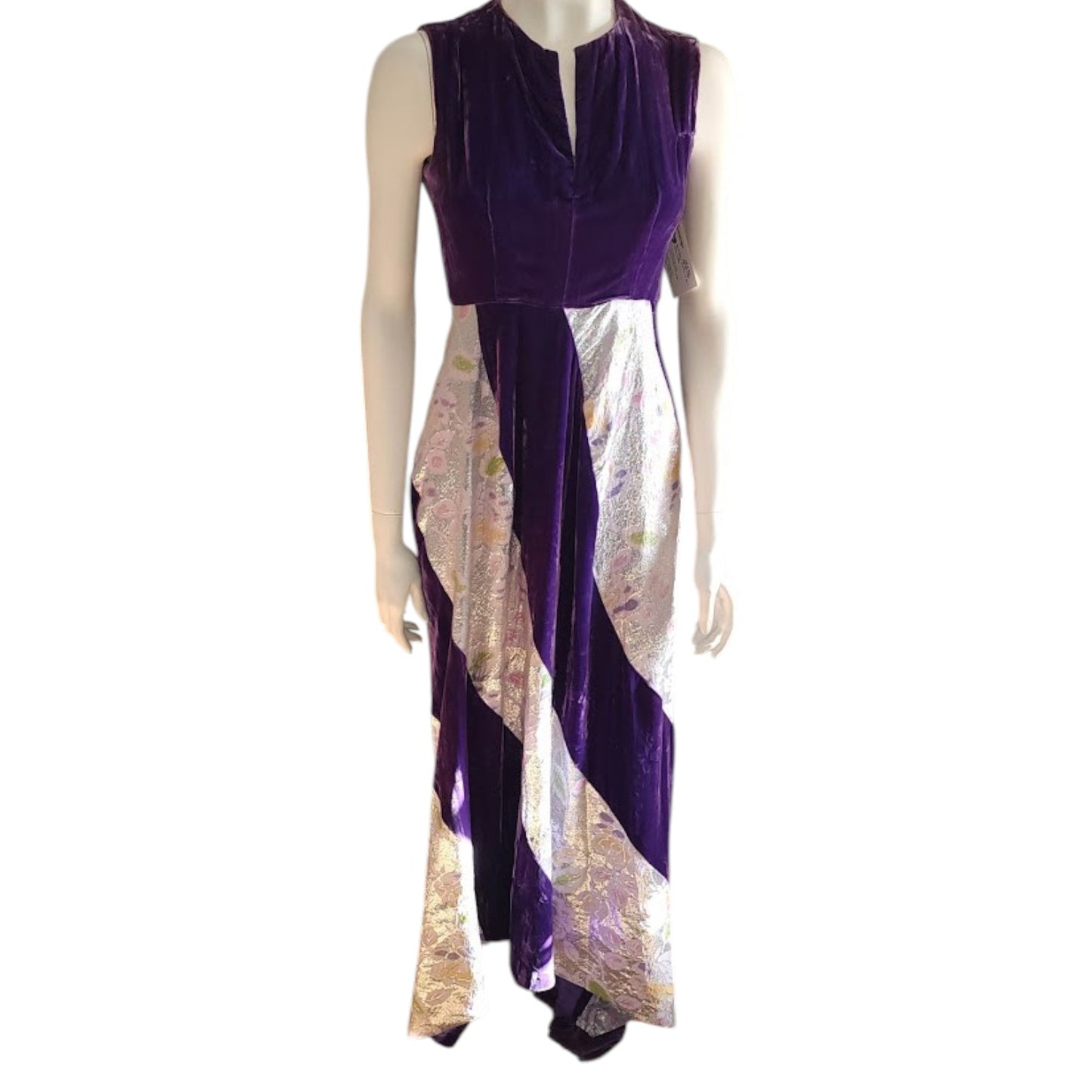 Vintage Velvet Gown 1950s 60s Long Purple Velvet Dress Silver Metallic Floral Insets Bias Cut Skirt New Orleans Gothic Party Art Deco S