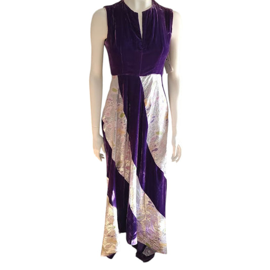 Vintage Velvet Gown 1950s 60s Long Purple Velvet Dress Silver Metallic Floral Insets Bias Cut Skirt New Orleans Gothic Party Art Deco S