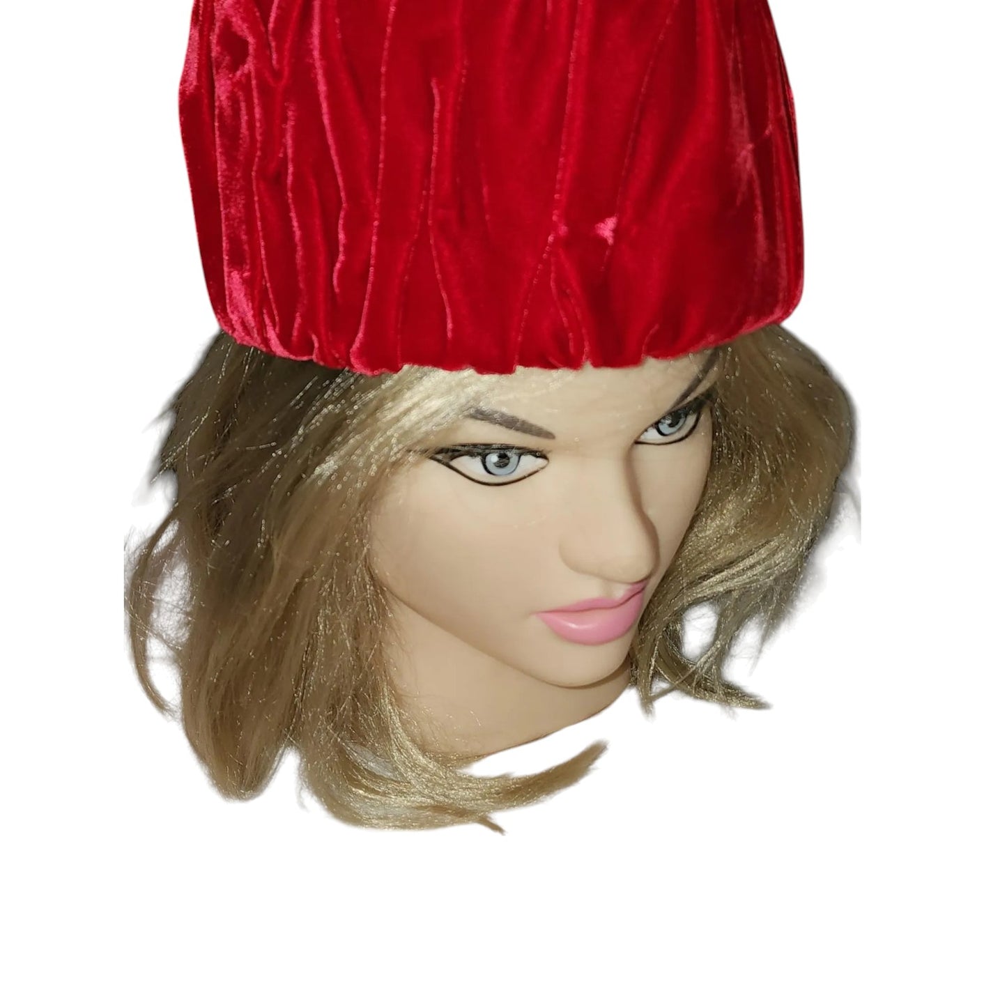 Vintage Pillbox Hat 1950s 60s Bright Red Pleated Velvet Tall Round Pillbox Hat Mid Century Handmade 21 in.