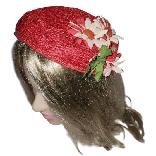 Vintage Red Hat 1950s Red Floral Half Hat Perch Hat Daisies Daisy Hat Mid Century 20.5 in.